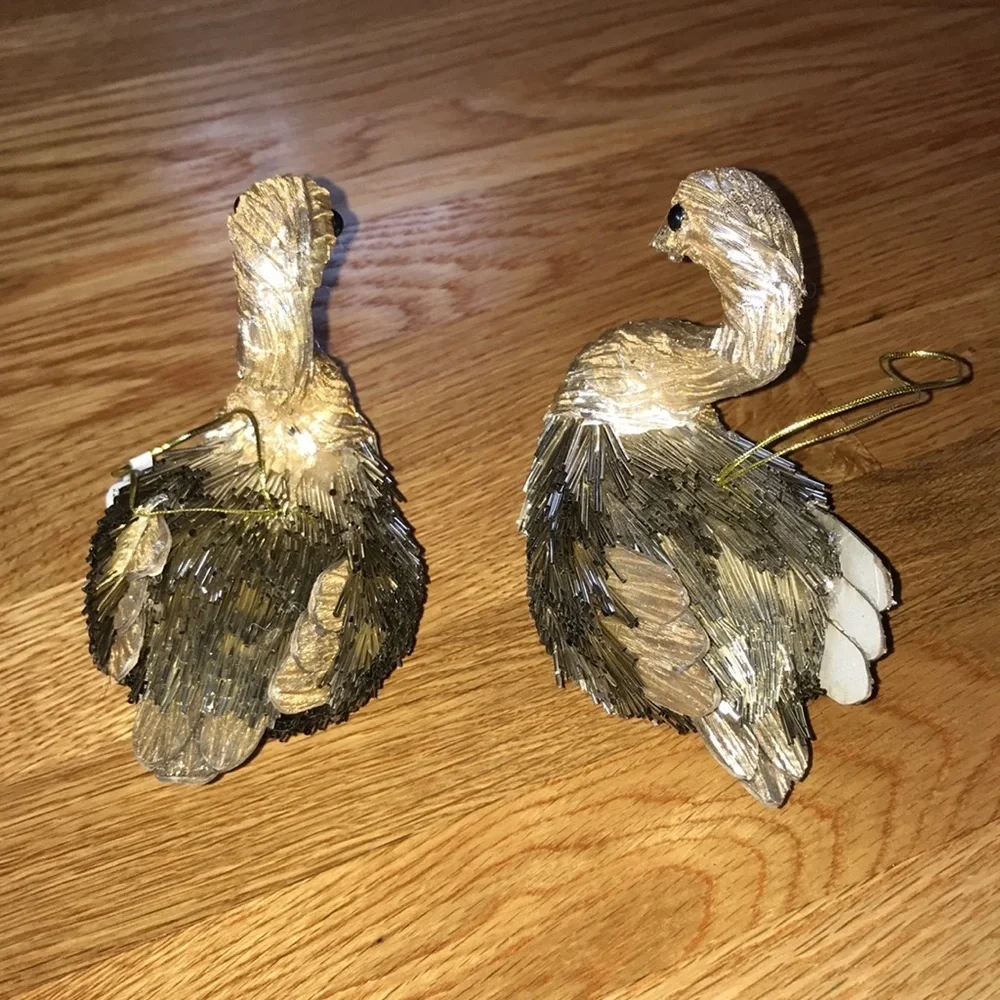 NWT Pair Anthropologie Gold Metallic Beaded Swan Ornaments